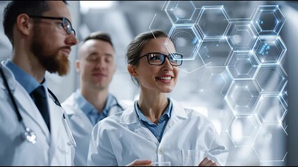 Scientists in a Lab: Group of scientists, each wearing eyeglasses and lab coats, stands in a futuristic laboratory setting with scientific data visualizations overlayed. - Powered by Adobe