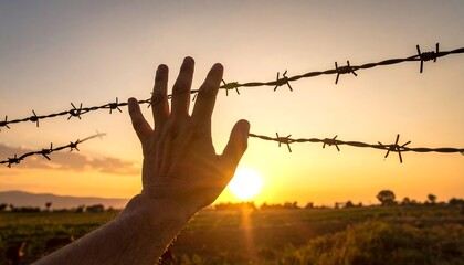 A hand reaching out to barbed wire against a glowing sunset, symbolic of struggle or reaching beyond limits