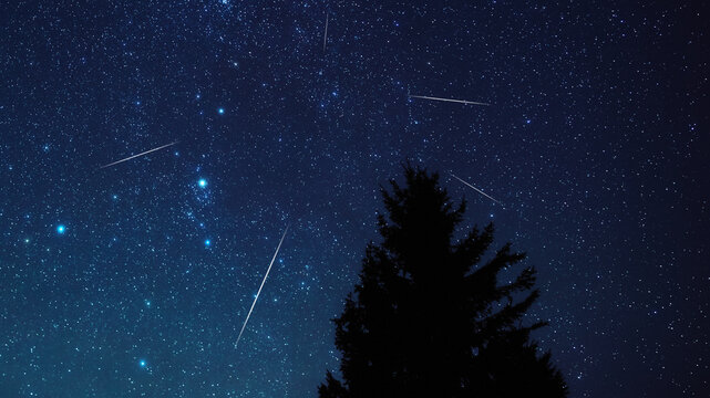 Milky way stars and constellations with landscape silhouettes photographed from a dark countryside location.