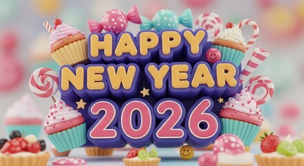 Let's celebrate Happy New Year 2026 with yummy cupcakes and candies - a festive greeting card for joyous occasions and sweet celebrations