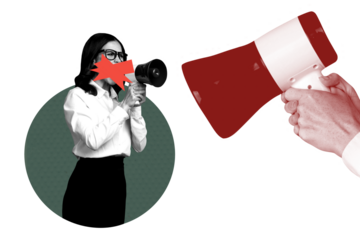 Contemporary art banner collage of angry businesswoman scream megaphone control pressure demonstration concept hand bullhorn