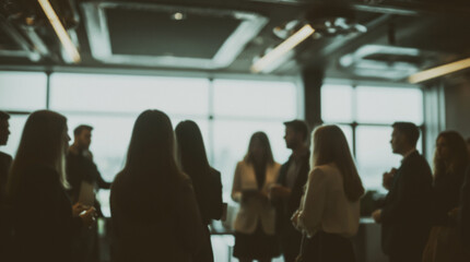 A blurry image of a group of people chatting at a business event in a modern office, with natural light coming from the windows. Ideal for business-related backgrounds or illustrations