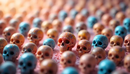 Pastel sugar skull miniatures on a pink surface. Shallow depth of field and warm light create a dreamy, festive pattern.