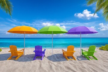 Fototapeta premium Colorful beach umbrellas and sunbathers relaxing on spring break vacation