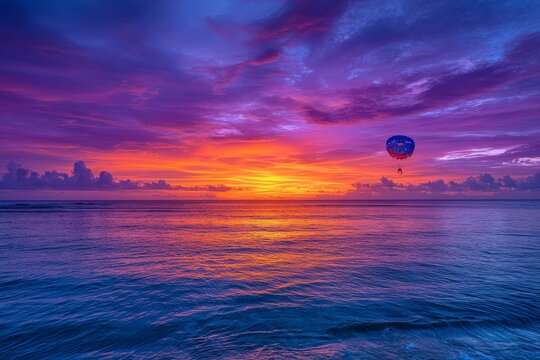 Colorful parasail floating above ocean during dramatic sunset