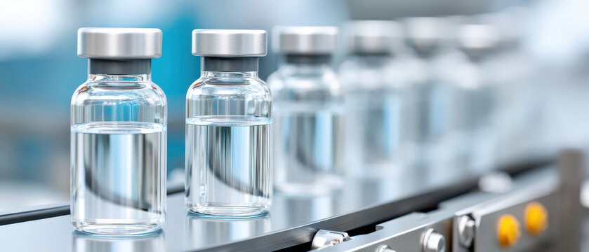 Pharmaceutical drug development process shown with clear liquid vials on production line conveying innovation and precision in medical research and manufacturing