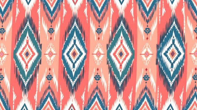 Geometric Diamond Ikat Pattern With Tribal Ethnic Motifs In Coral Blue And White