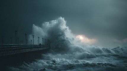 Powerful, turbulent ocean waves crash dramatically against the pillars of a bridge under a stormy sky, as the sun breaks through the clouds.