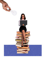 Composite 3D photo collage design trend sketch of young lady sit pile book type laptop idea lamp...