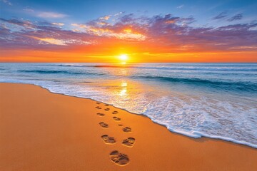 Footprints in the sand leading toward the sunset and gentle sea