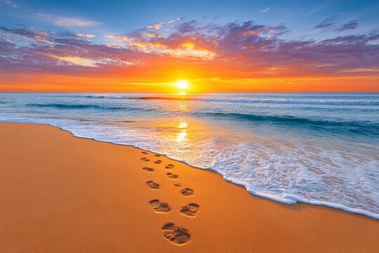 Footprints in the sand leading toward the sunset and gentle sea