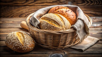 A basket filled with assorted bread rolls, showcasing their golden crusts and sesame seed toppings, set against a rustic wooden background, evoking a sense of warmth