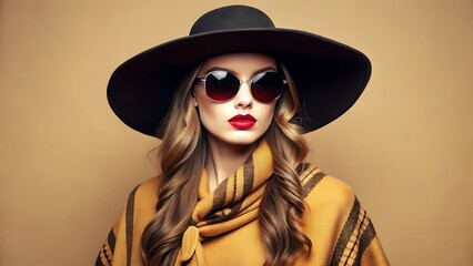 A stylish woman with a hat and sunglasses exudes confidence, showcasing fashion and beauty with a touch of elegance and sophistication against a neutral backdrop