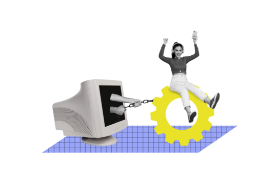 Sketch image artwork 3D photo collage of remote internet computer device hand hold chain cogwheel young lady sit listen music smartphone