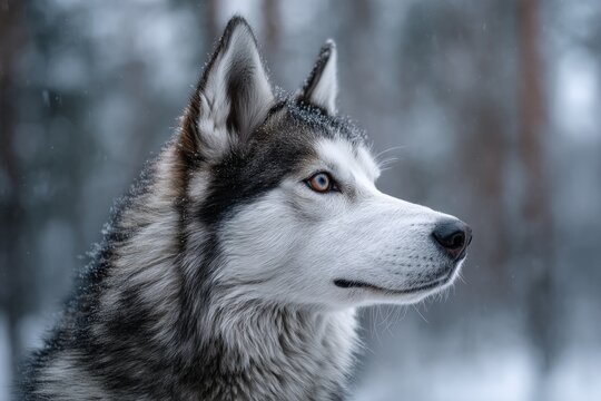 Majestic Siberian husky with striking blue eyes, gazes toward the left in a snowy forest setting, showcasing its thick fur coat. The background is softly blurred, enhancing focus on the dog
