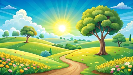 A serene landscape with rolling green hills, a winding path, and a radiant sun shining through fluffy clouds, creating a vibrant and inviting scene of natural beauty