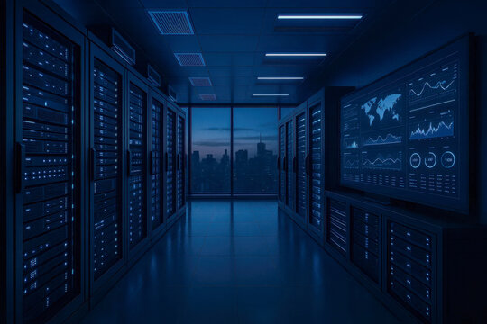 Modern data center with server racks and a cityscape view at dusk