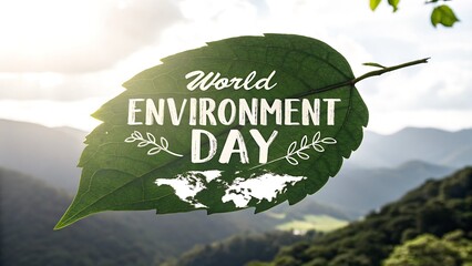 A vibrant world environment day image showcasing a leaf with the earth map, set against a backdrop of lush mountains, symbolizing the interconnectedness of nature