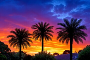 Obraz premium Palm trees silhouetted against vibrant morning sky