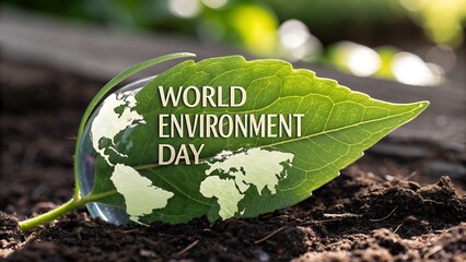 A striking world environment day image featuring a leaf with the earth map resting on soil, symbolizing the importance of nurturing our planets foundation