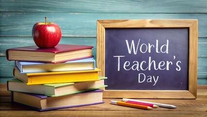 A vibrant tableau celebrating world teachers day, featuring a stack of books topped with a ripe apple, a chalkboard message, and colorful pencils against a teal backdrop