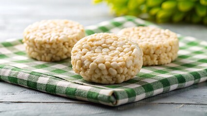 A trio of rice cakes displayed on a green checkered cloth, capturing a simple and healthy snack option, isolated on white background