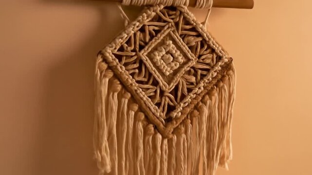 Beige Macrame Wall Hanging With Geometric Pattern And Fringes On Textured Wall With Floating Shelves