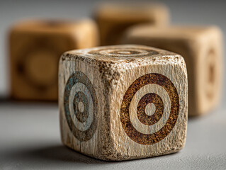 Collection of wooden dice with bullseye design on one face, scattered on a textured surface Soft, diffused lighting - AI-Generated