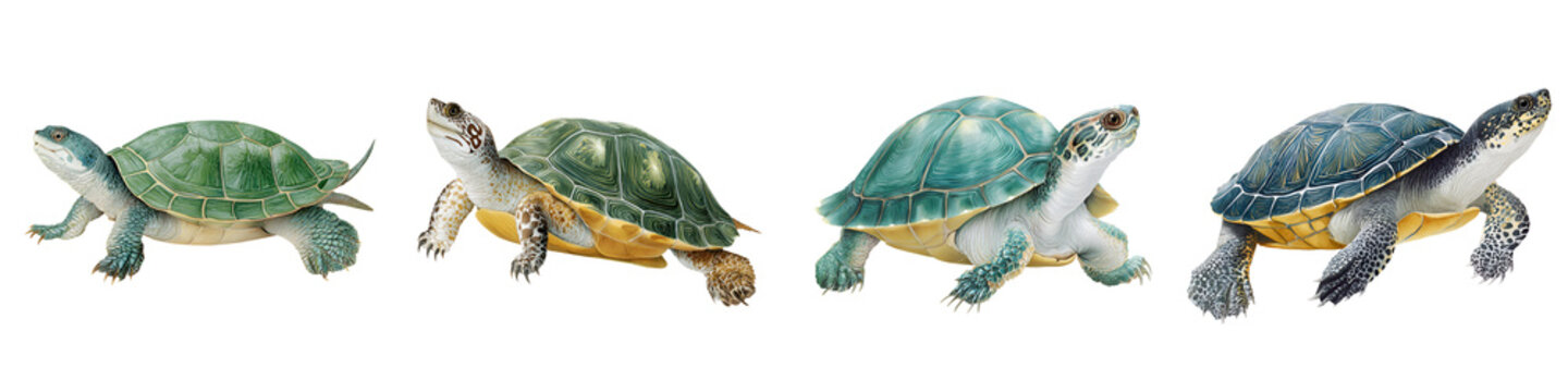 Turtle Illustration Set: Four Different Colored Turtles on White