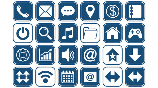 Modern digital icons collection for apps and websites, representing communication, finance, navigation, and technology for dynamic user interfaces.