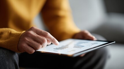 Smiling person reviewing financial dashboard on tablet, comfortable home setting