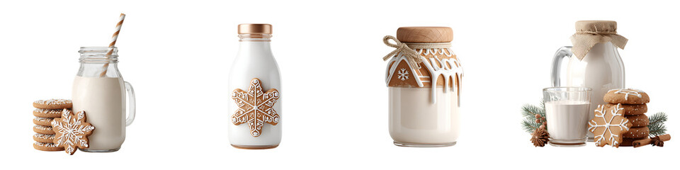 Festive Holiday Milk and Cookie Assortment with Decorated Glass Bottles and Jars Against a White Background - Delicious and Nostalgic Treats
