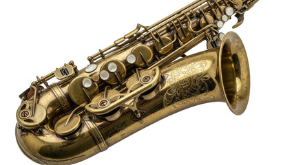 Obraz premium Intricate details of a shiny brass saxophone, angled from the side
