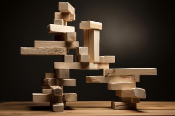 Complex structure made of wooden blocks balancing on wooden surface, representing concepts of construction, balance, and precariousness