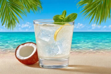 Obraz premium a hyper realistic coconut drink on white sand with crystal-clear water behind it