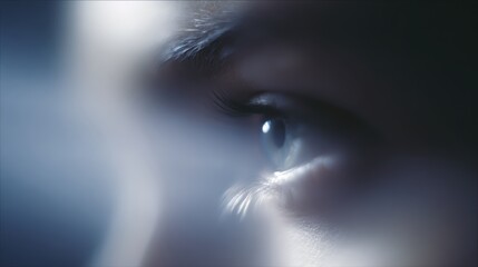 Extreme close-up, woman's eye with subtle internal light, ethereal glow, conceptual scanning process, ethereal, soft focus background, mixed media art