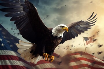 Naklejka premium Powerful bald eagle flying against dramatic sky with waving american flag, symbolizing freedom, strength, and national pride