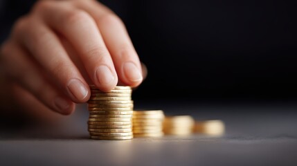 Close-up of an Asian woman's hands meticulously building a tower of golden coins, symbolizing financial growth and savings