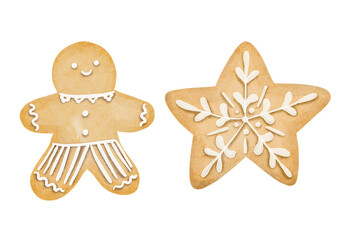 watercolor gingerbread in Christmas theme. Ideal for creating kids, aesthetic prints, invitations, cards, packaging, branding, web sites, social media, pattern etc.