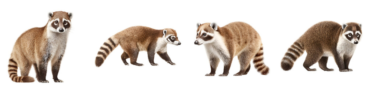 Four brown and white ring-tailed Coatis standing and walking with inquisitive expressions on a stark white backdrop, full shot, studio shot, wildlife