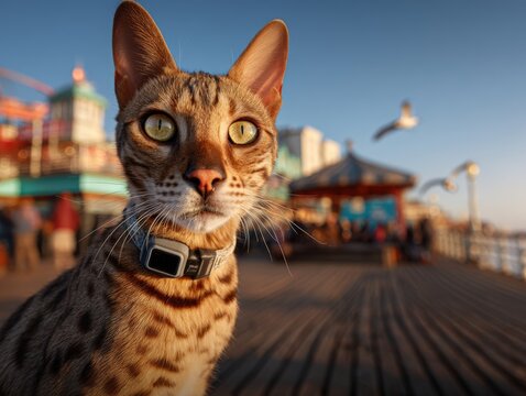 Golden-brown spotted cat with striking green eyes and a black collar gazes intently at the camera on a wooden boardwalk with blurred background, including a flying bird - Powered by Adobe