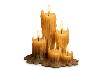 Group of old wax candles burning flames