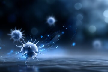 Illustration of virus particles spreading through air, showcasing intricate details and vibrant colors, representing the transmission of infectious agents in public spaces