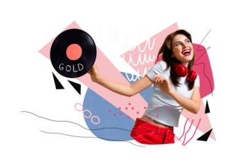 Composite photo collage of happy girl wear headphones dance weekend retro party vinyl disk gold edition isolated on painted background
