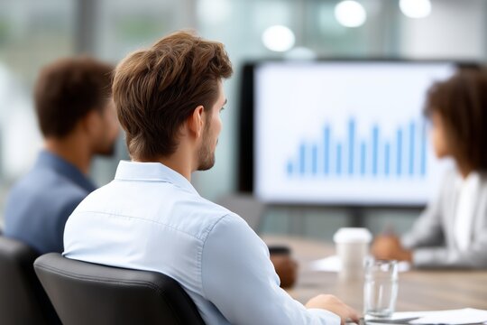 Team of professionals analyzing financial projections on a slide deck during a meeting, showcasing collaboration and strategic planning in a modern office environment