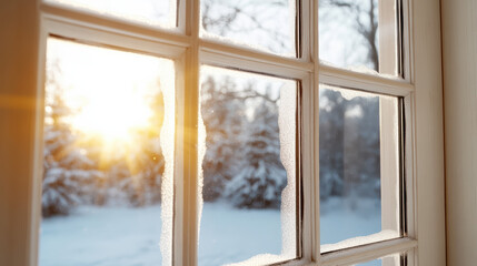 Fototapeta premium Warm sunlight filters through frosted window, creating serene winter scene