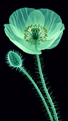 Transparent green poppy flower and bud on black background, x-ray photography. Delicate floral anatomy. Botanical art for interior prints and modern wall decor, posters, or scientific illustration