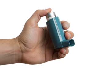 Hand holding an asthma inhaler isolated on transparent background