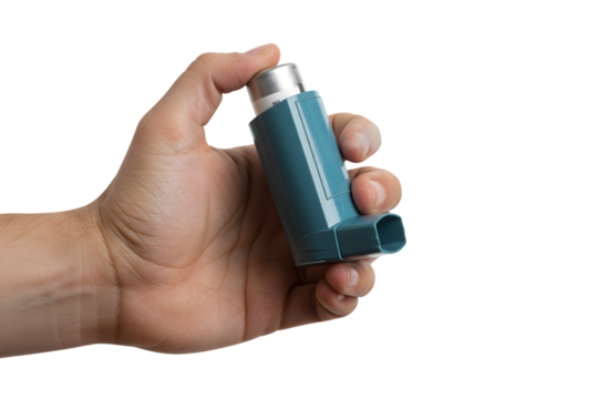 Hand holding an asthma inhaler isolated on transparent background