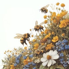 A swarm of bees are flying around to feed on nectar from colorful flowers on a white background.